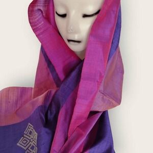 Womens Silk Scarf Rectangle 60" Purple Pink‎ Emblem Fringe Wrap Indian Bohemian